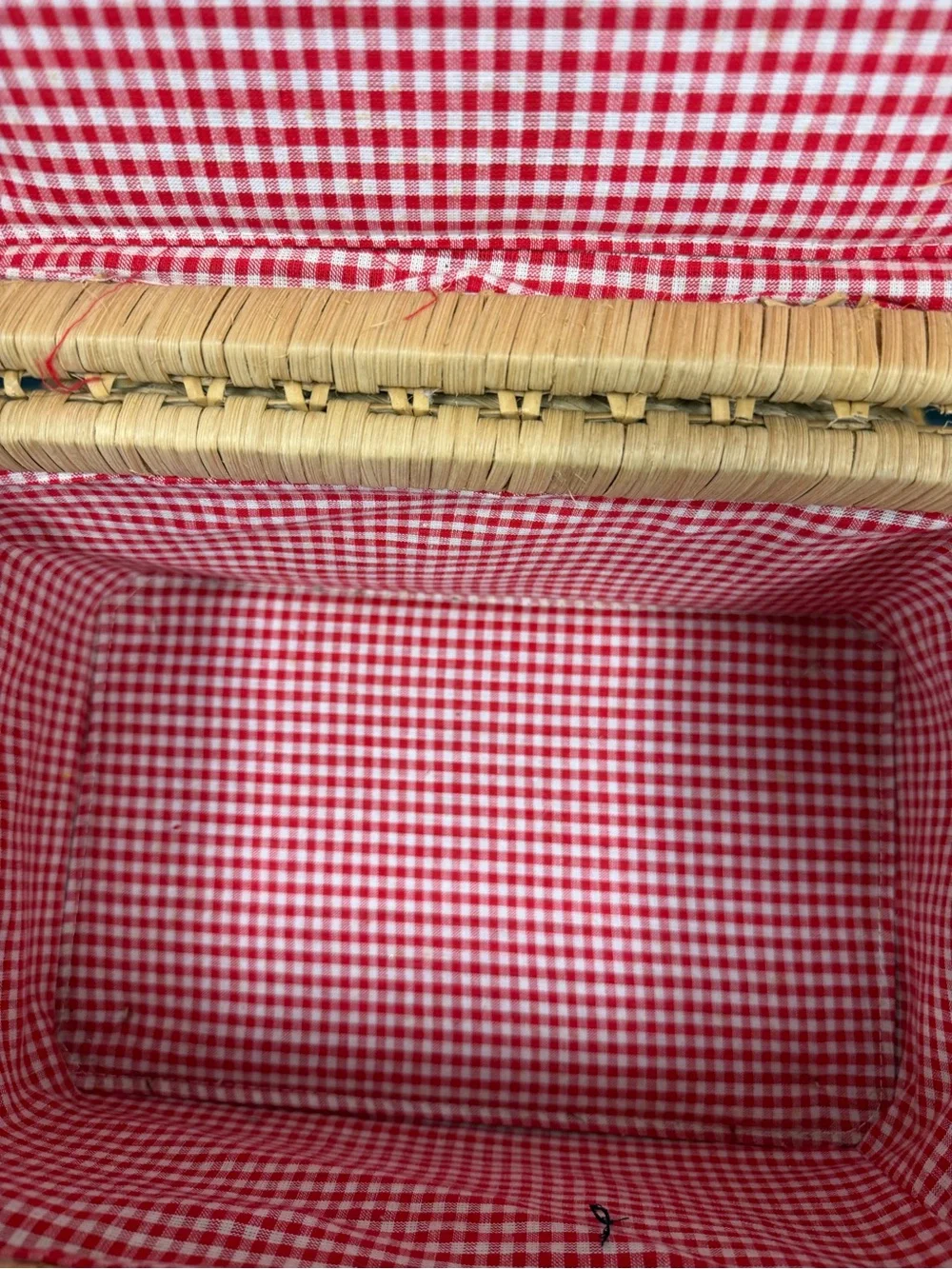 Vintage Woven Rattan Picnic Basket Red Gingham Split Lid Cottagecore BoHo